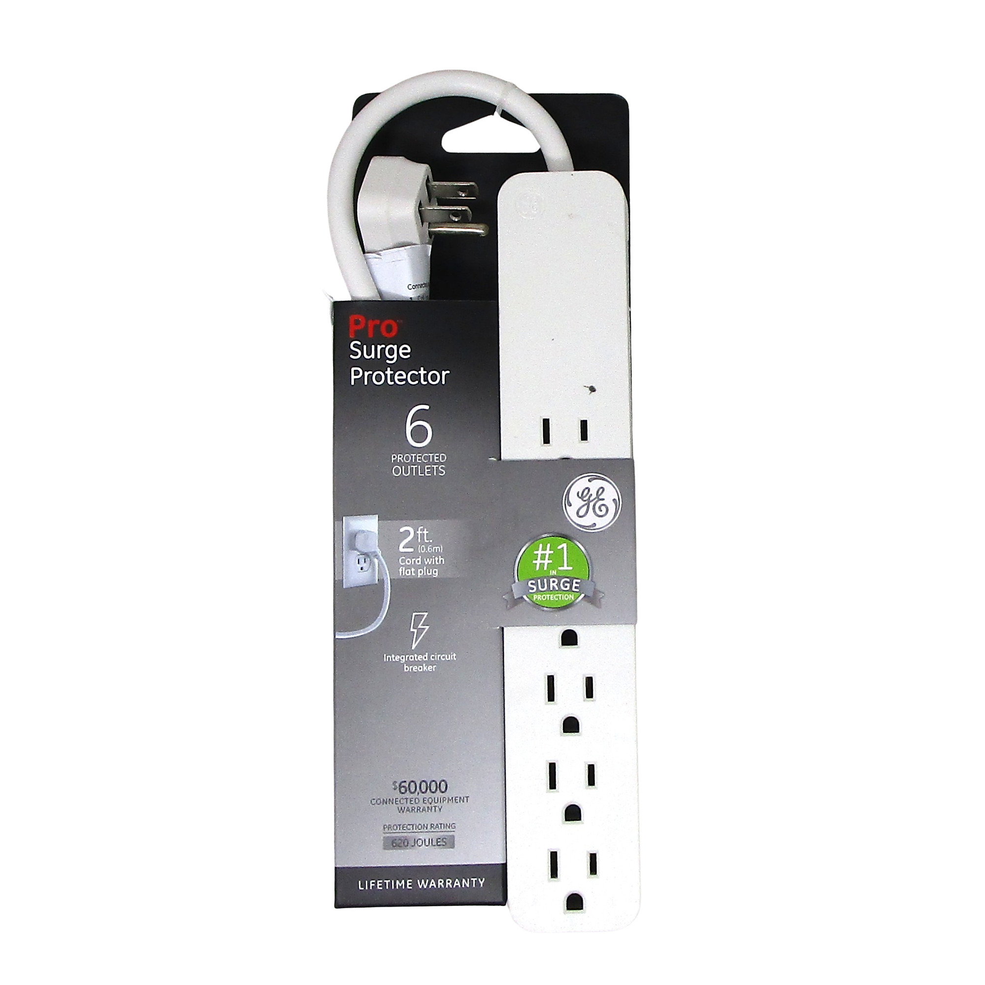 GE 6 Outlet Surge Protector 620 Joules, Flat Plug, 2 Ft Power Cord, Protection for Computers, TVs, Home Office & Electronics, Model #40532